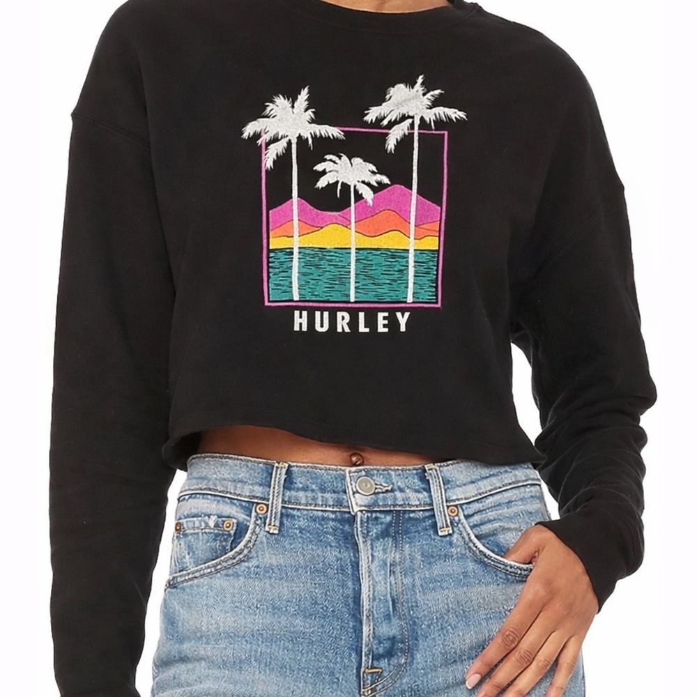 Hurley Cropped Graphic Sweatshirt Palm Tree Sunset Black Long Sleeve